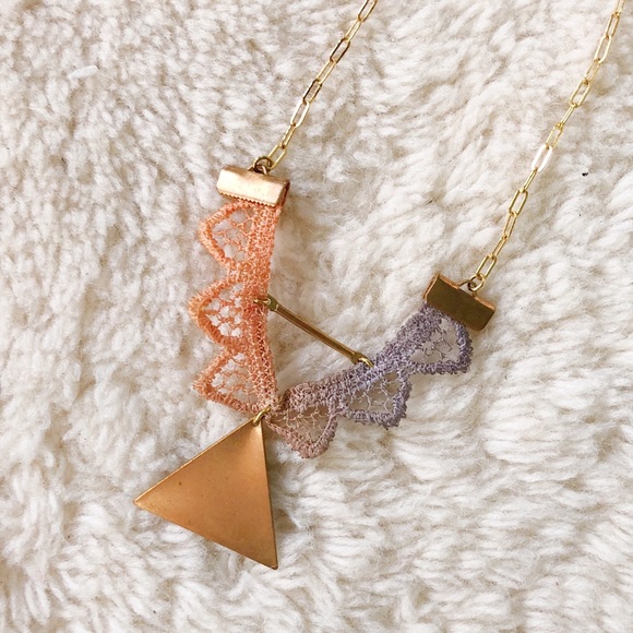 Anthropologie Triangles Necklace Choker - Gold Pink Purple Lace Beaded Geometric - Picture 2 of 2